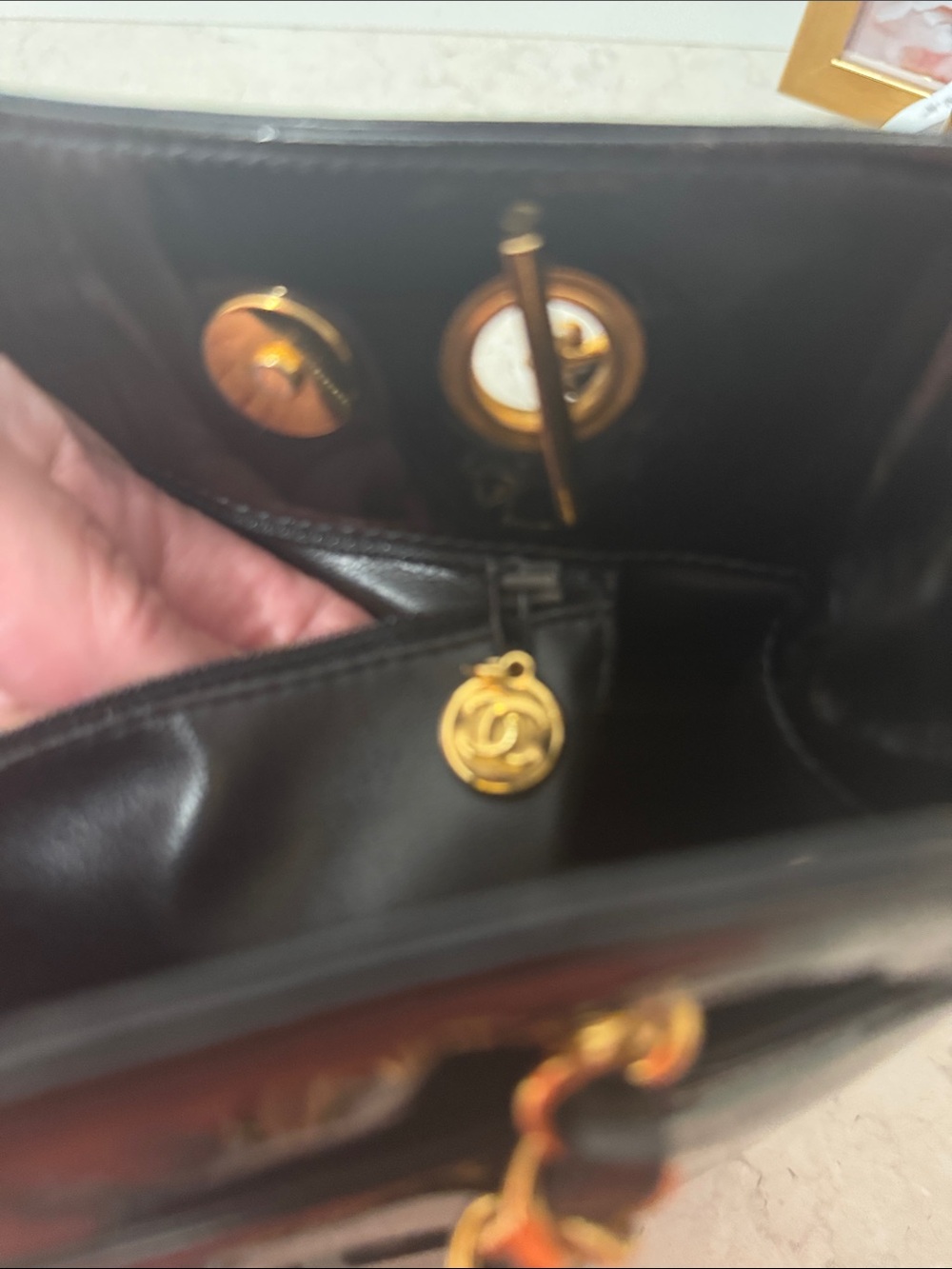 Black Patent Leather Shoulder Tote with Gold Hardware - Picture 8 of 17